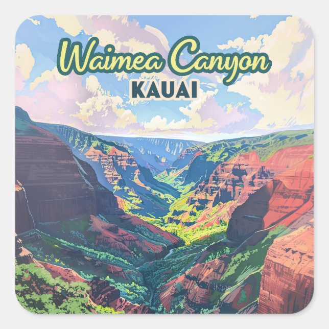 Waimea Canyon Kauai Hawaii Landscape Retro Square Sticker (Front)