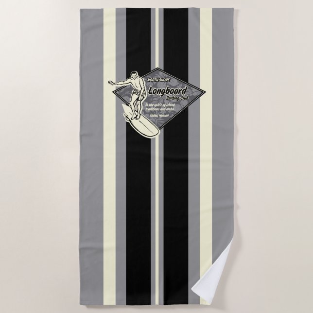 Waimea Striped Surfboard Hawaiian Surfer - Grey Beach Towel (Front)