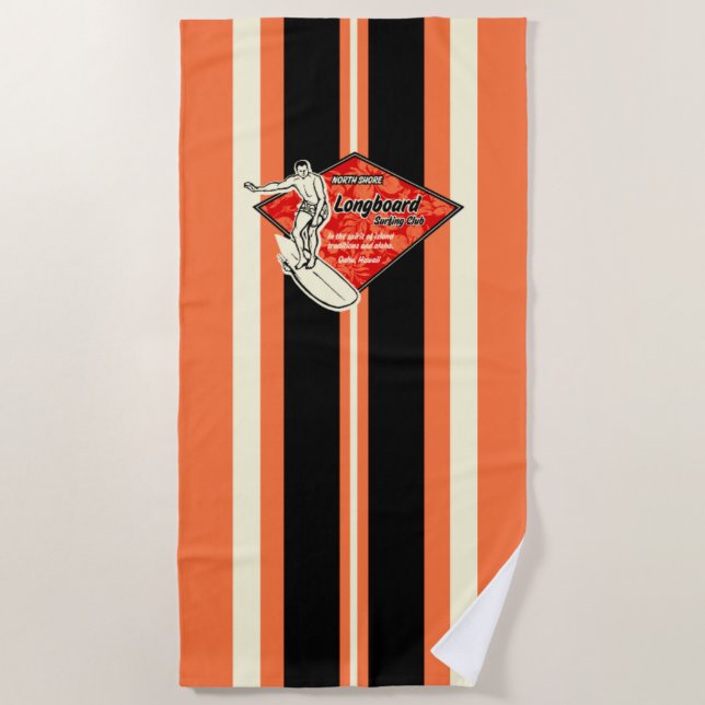 Waimea Striped Surfboard Hawaiian Surfer - Orange Beach Towel (Front)