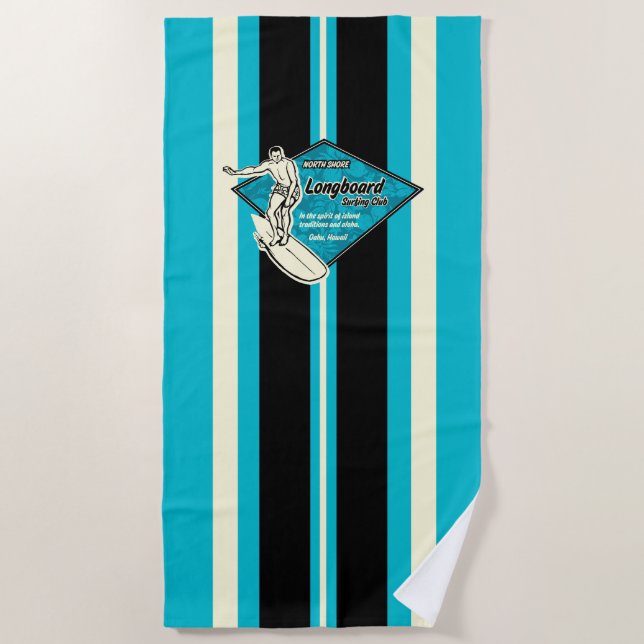 Waimea Striped Surfboard Hawaiian Surfer - Turq Beach Towel (Front)