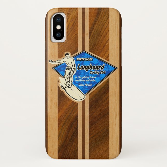 Waimea Surfboard Hawaiian Faux Koa Wood Blue Case-Mate iPhone Case (Back)