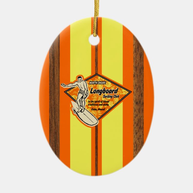 Waimea Surfboard Hawaiian Faux Wood Ceramic Tree Decoration (Front)