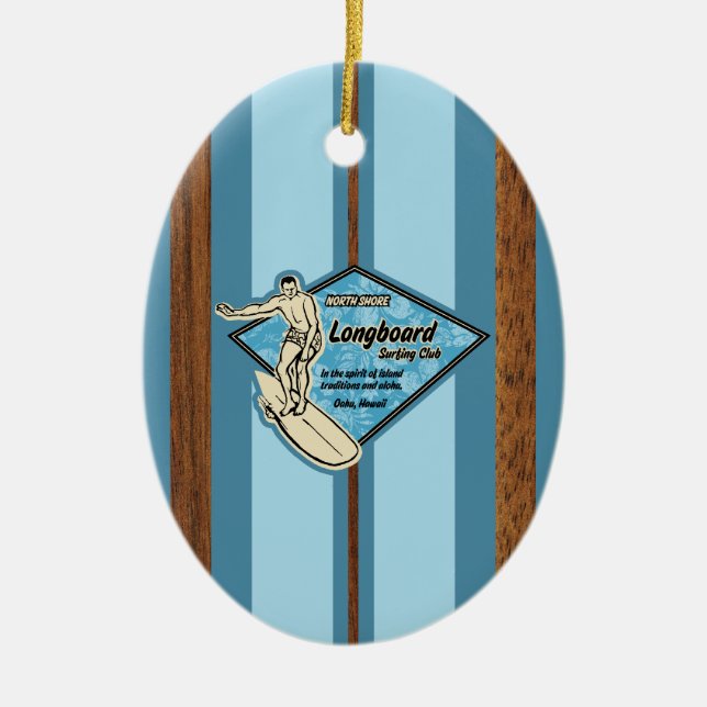 Waimea Surfboard Hawaiian Faux Wood Ceramic Tree Decoration (Front)