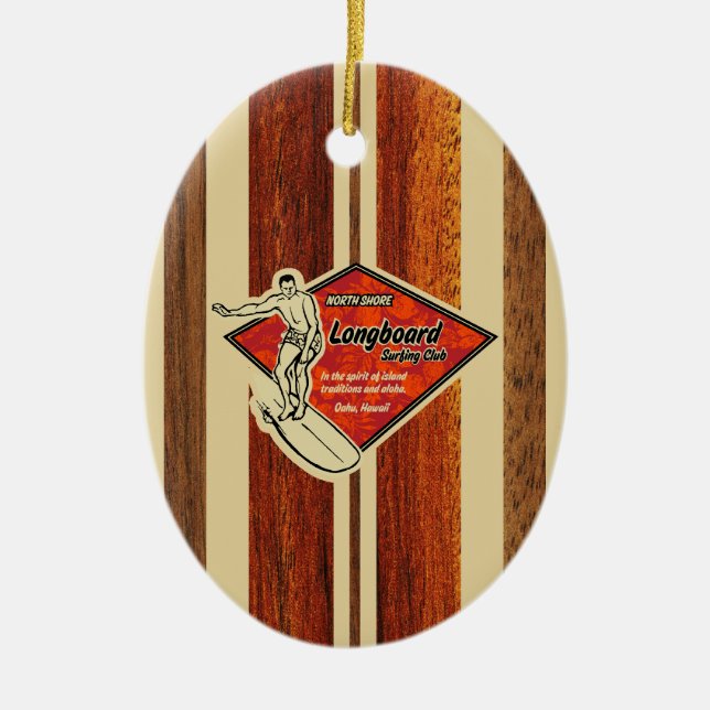 Waimea Surfboard Hawaiian Faux Wood Ceramic Tree Decoration (Front)