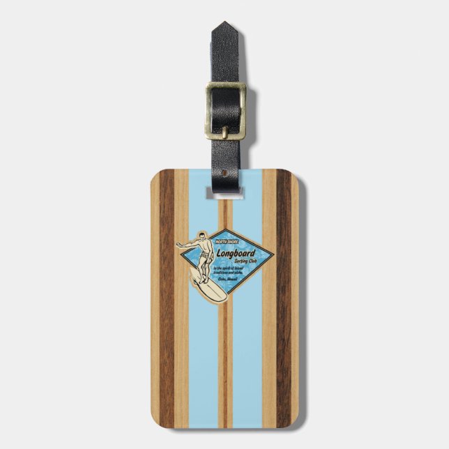 Waimea Surfboard Hawaiian Striped Faux Wood Luggage Tag (Front Vertical)