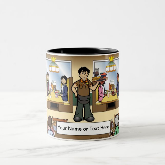  Waiter Casual Dining Cartoon by PrintedPerfection Two-Tone Coffee Mug (Center)
