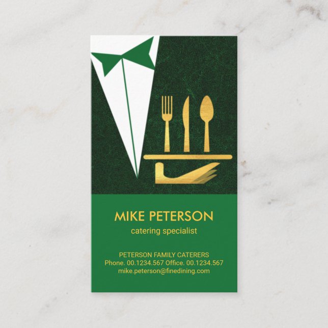 Waiter Green Tuxedo Gold Serving Plate Cutlery Business Card (Front)