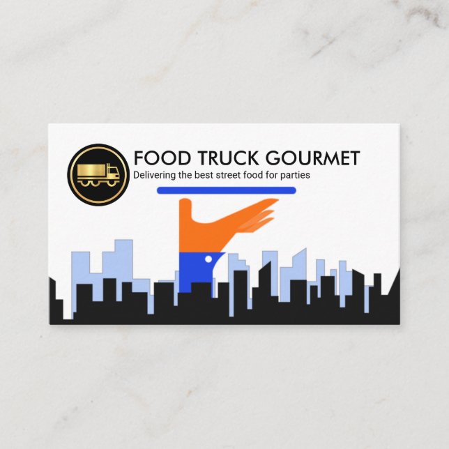 Waiter Serving Dish City Silhouette Caterer Business Card (Front)