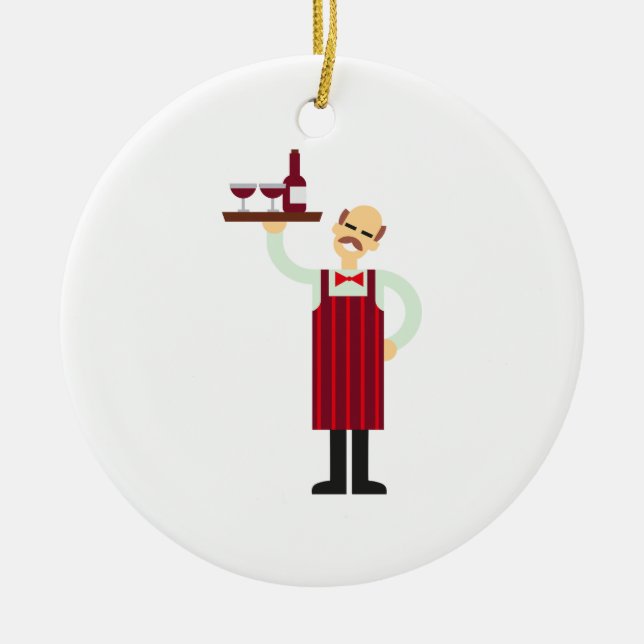 Waiter with Wine Ceramic Tree Decoration (Front)