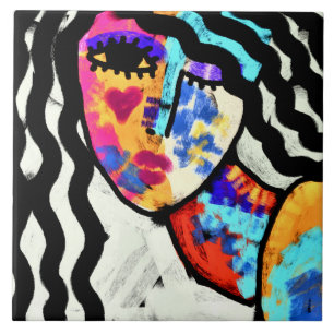 Waiting Abstract Digital Portrait of a Woman Tile