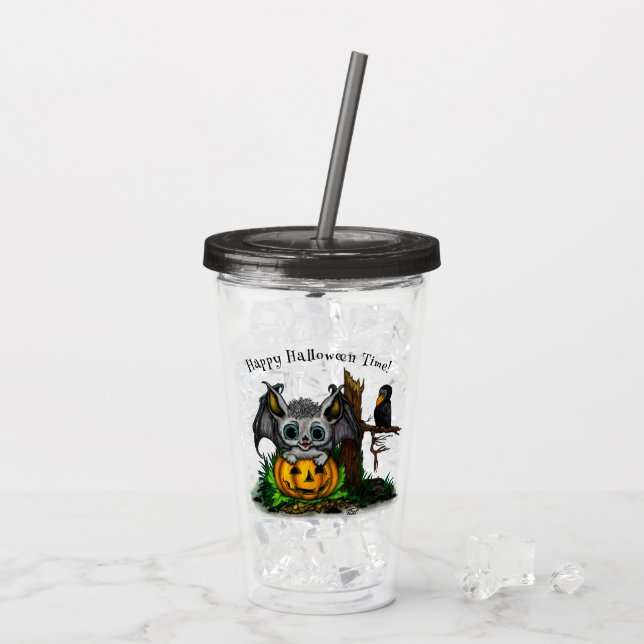 Waiting for Halloween , Cute Bat and Raven Acrylic Tumbler (Back Ice)