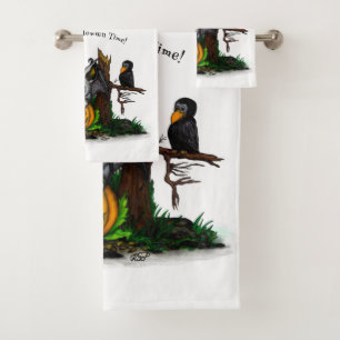 Waiting for Halloween , Cute Bat and Raven Bath Towel Set