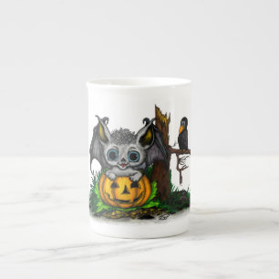 Waiting for Halloween , Cute Bat and Raven Bone China Mug