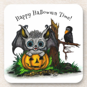 Waiting for Halloween , Cute Bat and Raven Coaster
