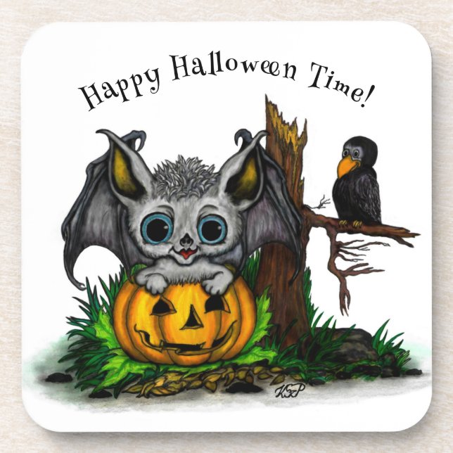 Waiting for Halloween , Cute Bat and Raven Coaster (Front)