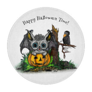 Waiting for Halloween , Cute Bat and Raven Cutting Board