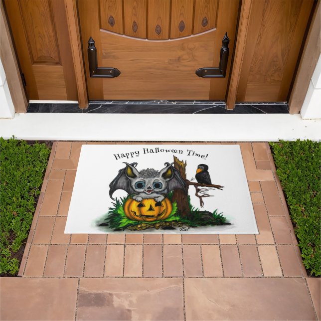Waiting for Halloween , Cute Bat and Raven Doormat (Outdoor)
