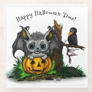 Waiting for Halloween , Cute Bat and Raven Glass Coaster