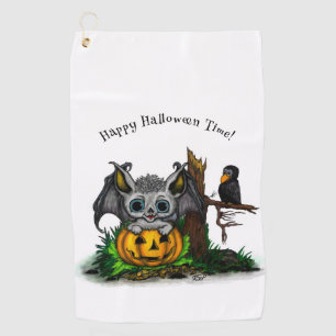 Waiting for Halloween , Cute Bat and Raven Golf Towel