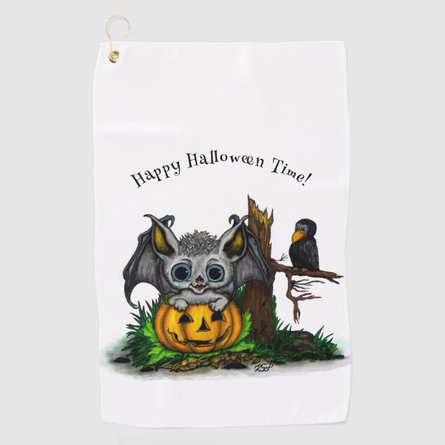 Waiting for Halloween , Cute Bat and Raven Golf Towel (Front)