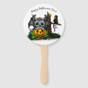 Waiting for Halloween , Cute Bat and Raven Hand Fan
