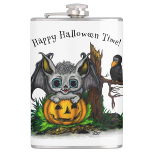 Waiting for Halloween , Cute Bat and Raven Hip Flask