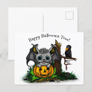 Waiting for Halloween , Cute Bat and Raven Holiday Postcard