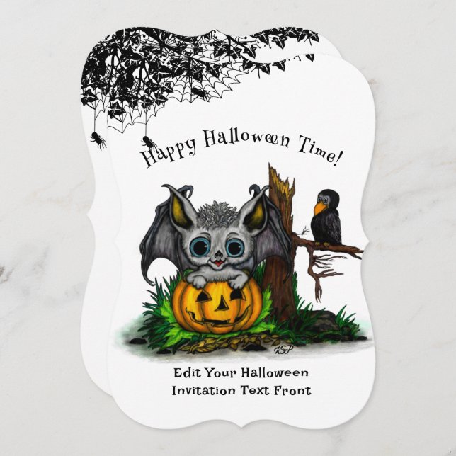 Waiting for Halloween , Cute Bat and Raven Invitation (Front/Back)