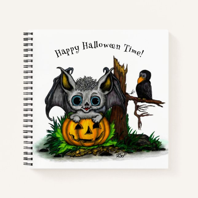 Waiting for Halloween , Cute Bat and Raven Notebook (Front)