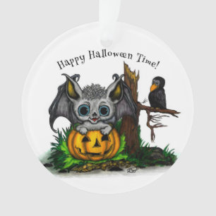 Waiting for Halloween , Cute Bat and Raven Ornament