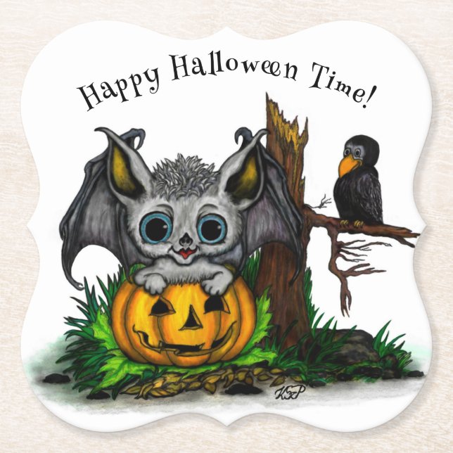 Waiting for Halloween , Cute Bat and Raven Paper Coaster (Front)