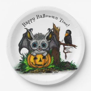 Waiting for Halloween , Cute Bat and Raven Paper Plate