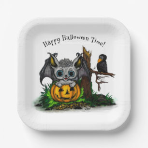 Waiting for Halloween , Cute Bat and Raven Paper Plate