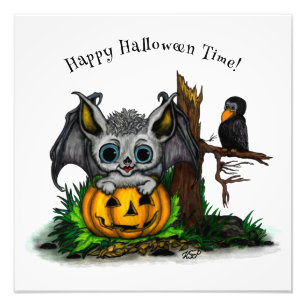 Waiting for Halloween , Cute Bat and Raven Photo Print