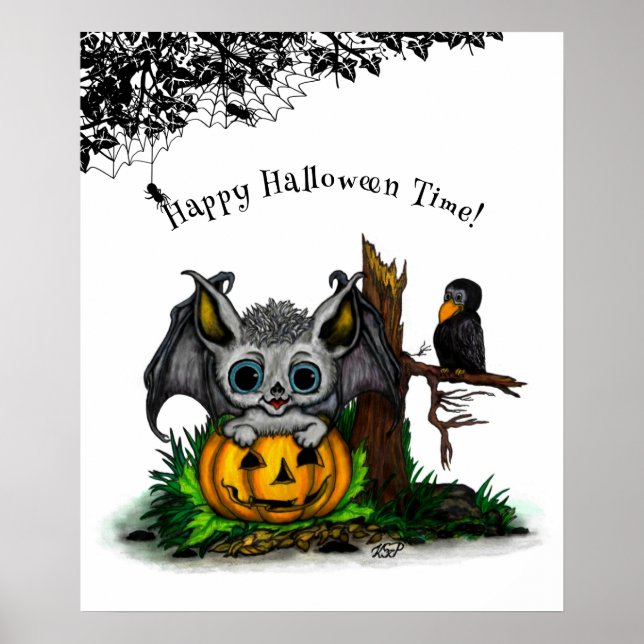 Waiting for Halloween , Cute Bat and Raven Poster (Front)