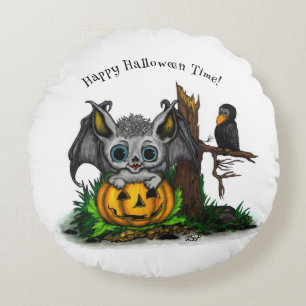 Waiting for Halloween , Cute Bat and Raven Round Cushion