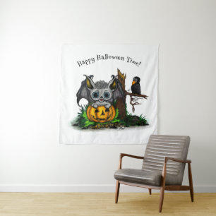 Waiting for Halloween , Cute Bat and Raven Tapestry