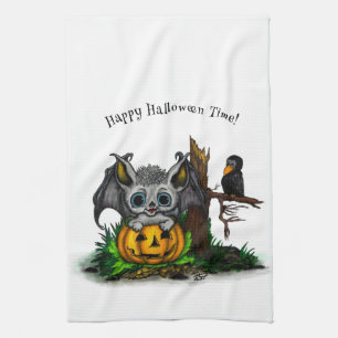 Waiting for Halloween , Cute Bat and Raven Tea Towel