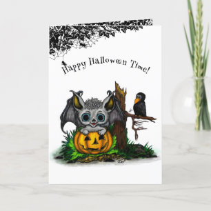 Waiting for Halloween , Cute Bat and Raven Thank You Card