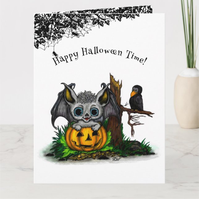 Waiting for Halloween , Cute Bat and Raven Thank You Card (Front)