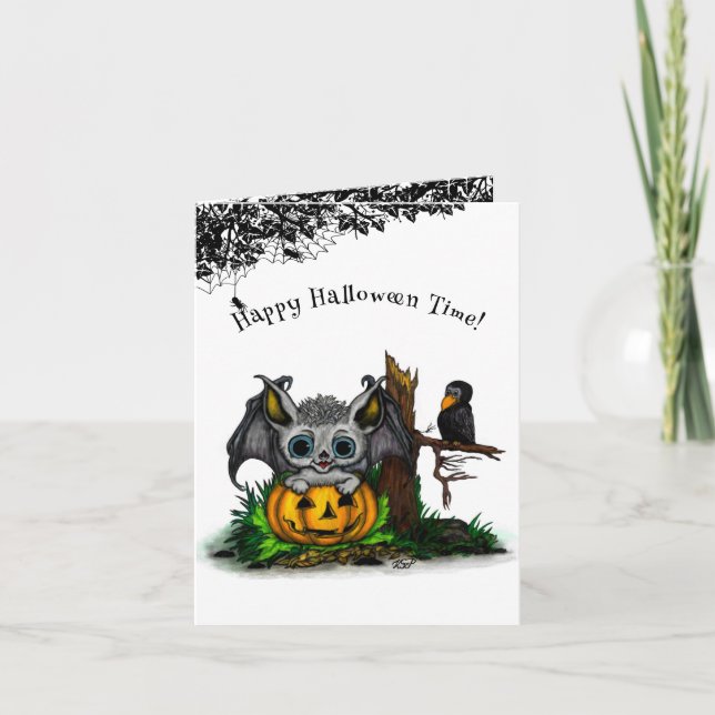 Waiting for Halloween , Cute Bat and Raven Thank You Card (Front)