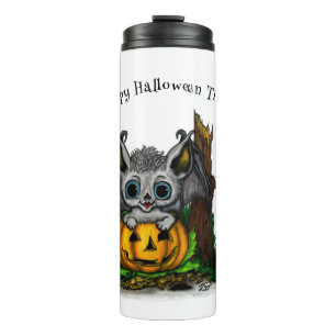 Waiting for Halloween , Cute Bat and Raven Thermal Tumbler