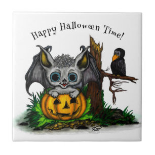 Waiting for Halloween , Cute Bat and Raven Tile