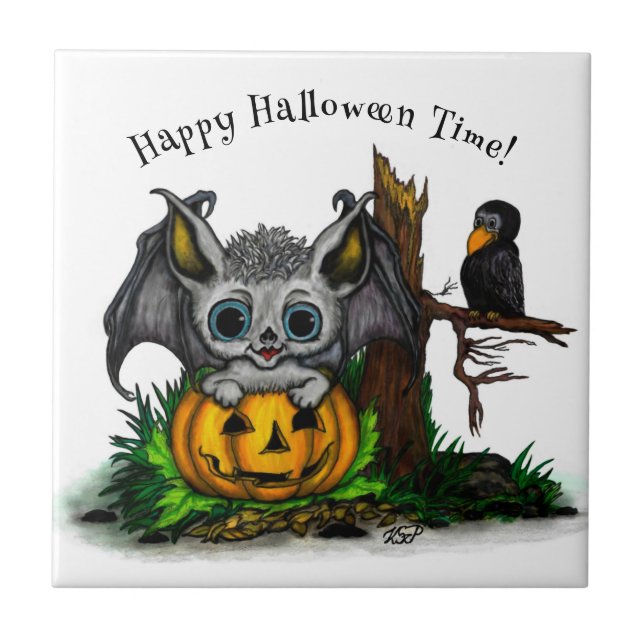 Waiting for Halloween , Cute Bat and Raven Tile (Front)
