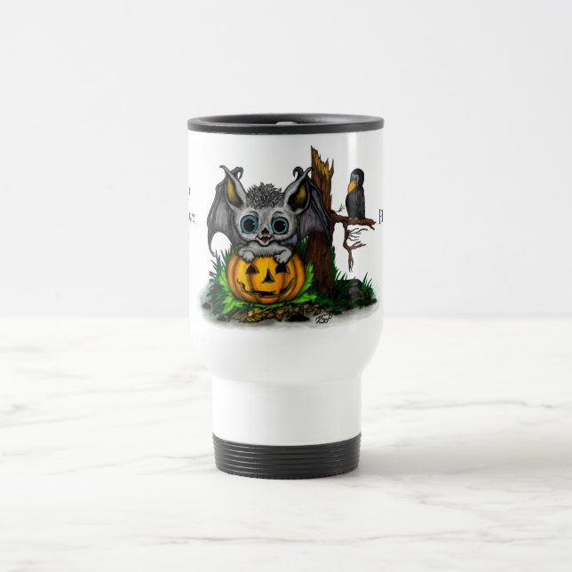Waiting for Halloween , Cute Bat and Raven Travel Mug (Center)