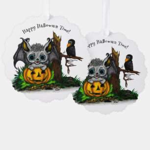 Waiting for Halloween , Cute Bat and Raven Tree Decoration Card