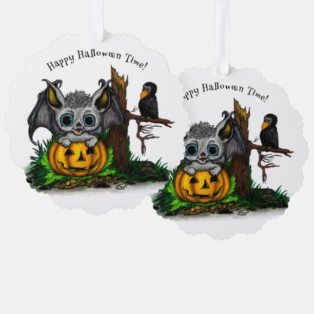 Waiting for Halloween , Cute Bat and Raven Tree Decoration Card (Front/Back)