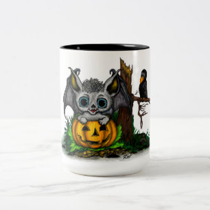 Waiting for Halloween , Cute Bat and Raven Two-Tone Coffee Mug