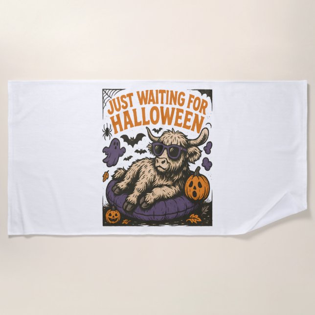Waiting For Halloween Highland Cow Beach Towel (Front)
