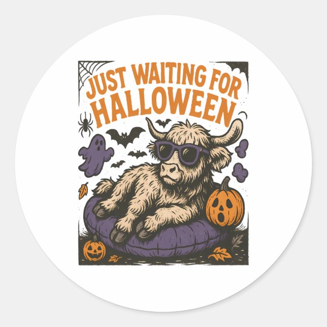 Waiting For Halloween Highland Cow Classic Round Sticker (Front)